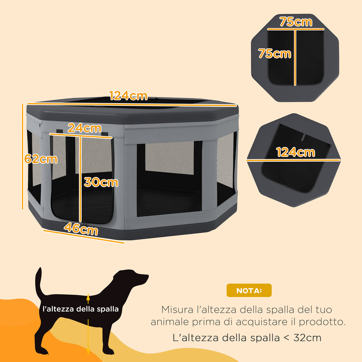 easycomfort easycomfort box per cani e gatti con 7 finestre e 2 ingressi in tessuto oxford nylon e pp 124x62 cm grigio e nero
