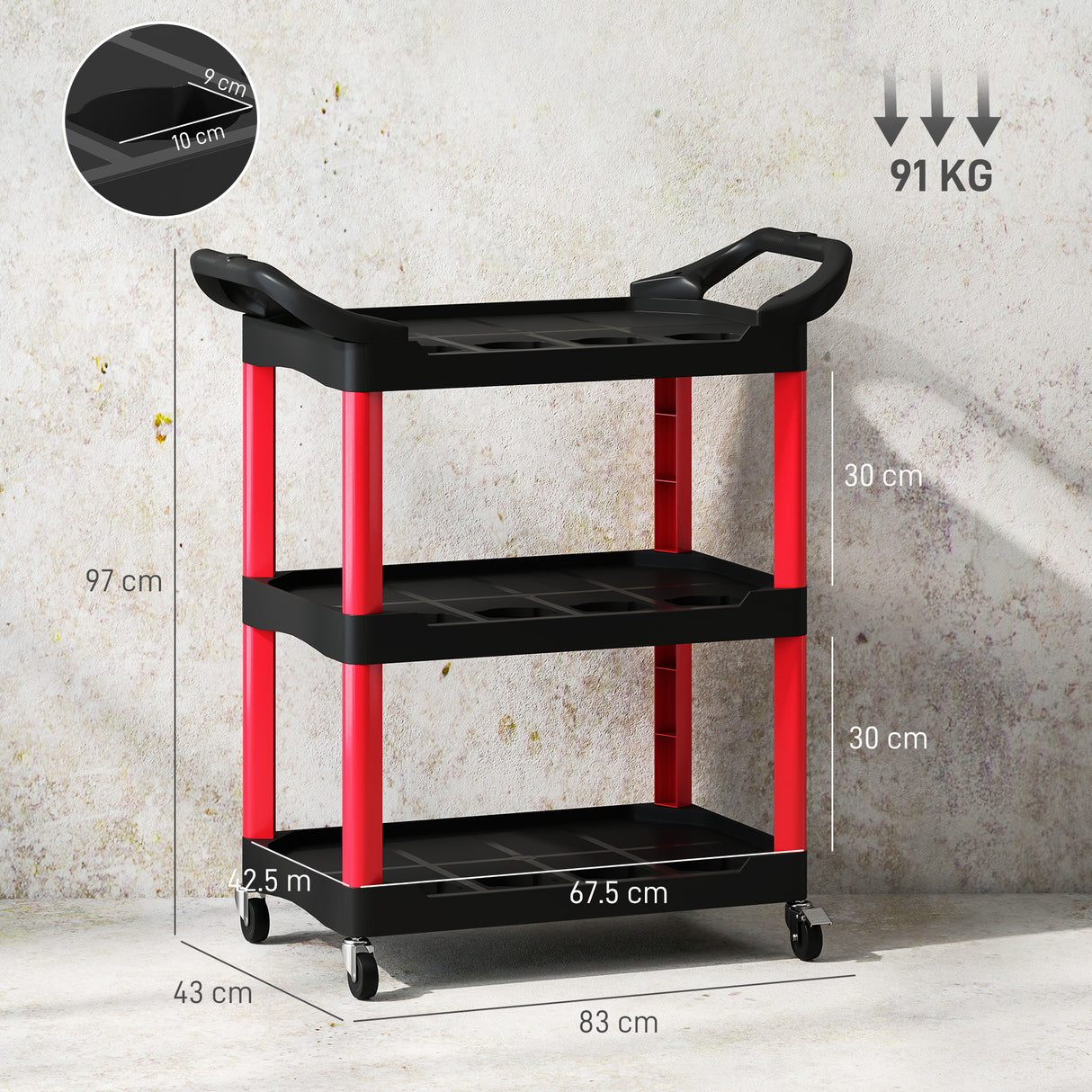 easycomfort easycomfort carrello porta attrezzi a 3 livelli in plastica con maniglie e ruote capacita 91 kg 83x43x97 cm rosso