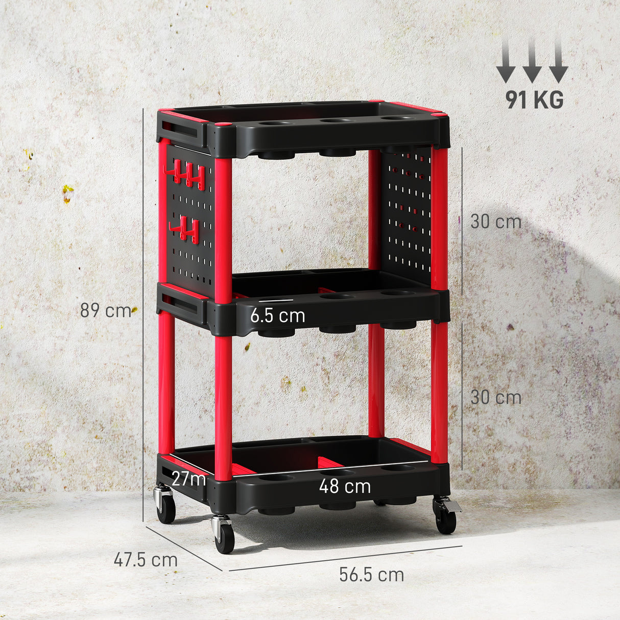 easycomfort easycomfort carrello porta attrezzi a 3 livelli in plastica con pannello forato laterale nero e rosso