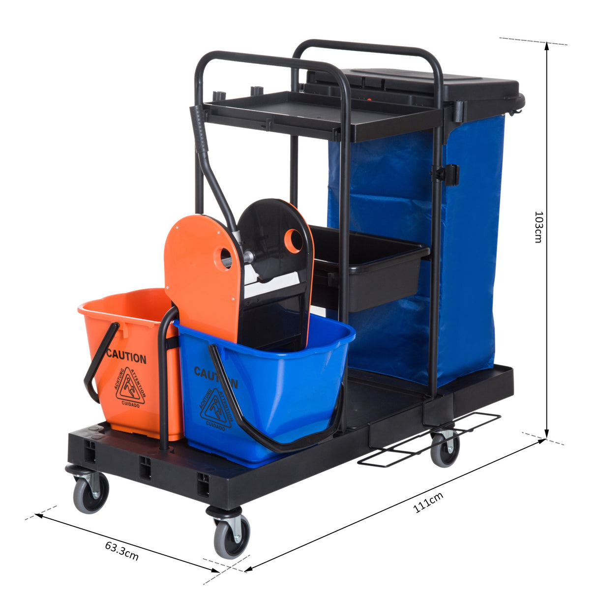 easycomfort easycomfort carrello pulizie professionale a 3 ripiani con sacco per immondizia ganci per scopa secchio lavapavimenti con strizzatore per mocio e 5 ruote per hotel e albergo 111x63 3x103 cm nero ean 8055776915616