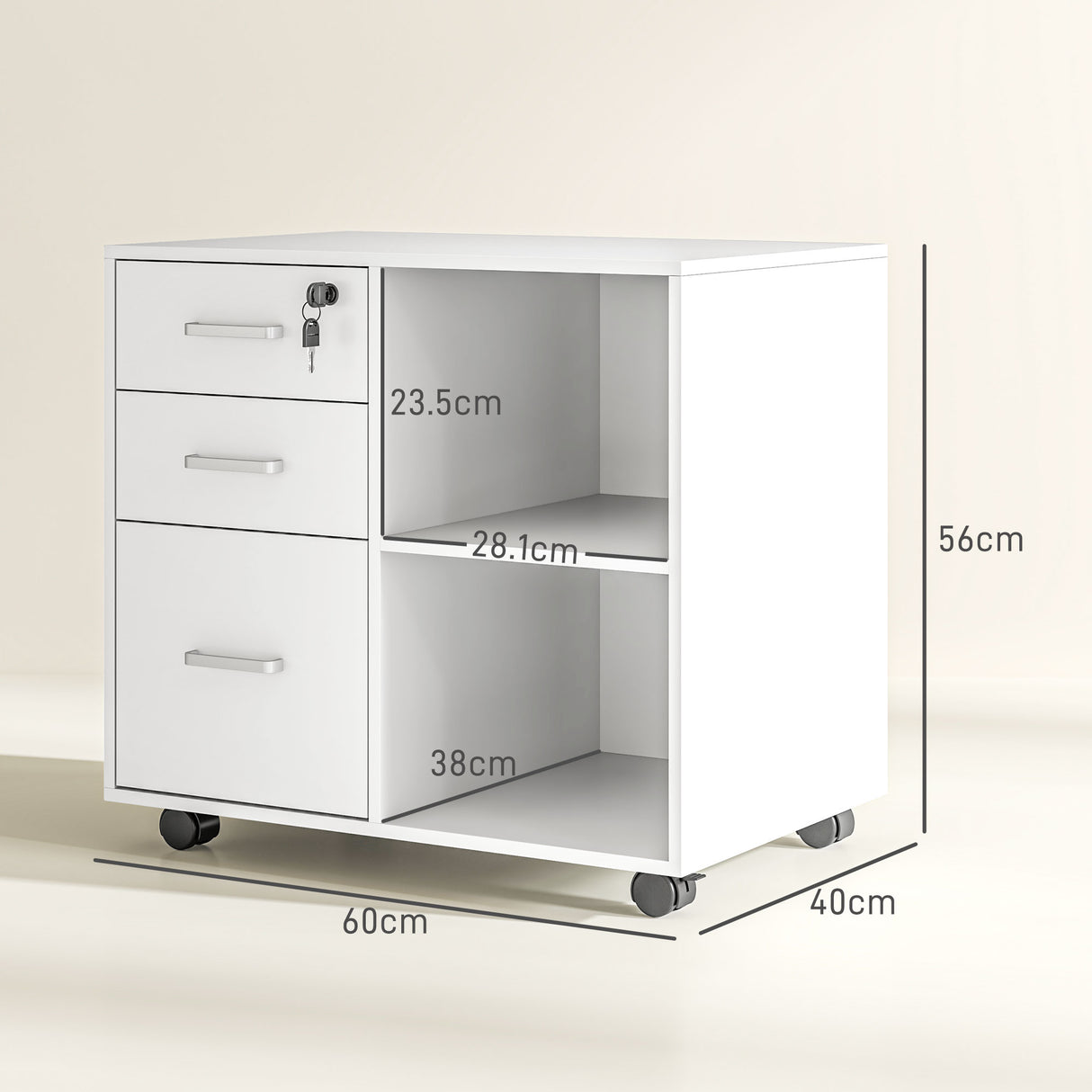 easycomfort easycomfort cassettiera portadocumenti da ufficio con 3 cassetti ruote serratura e chiavi 60x40x56 cm bianco