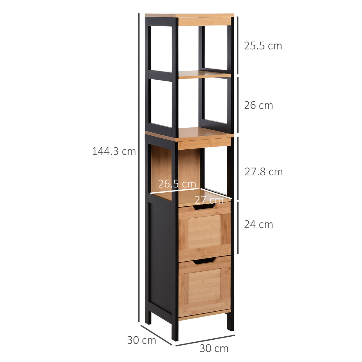 easycomfort easycomfort colonna bagno con 2 cassetti e 3 vani aperti in legno mdf e bambu 30x30x144 3 cm
