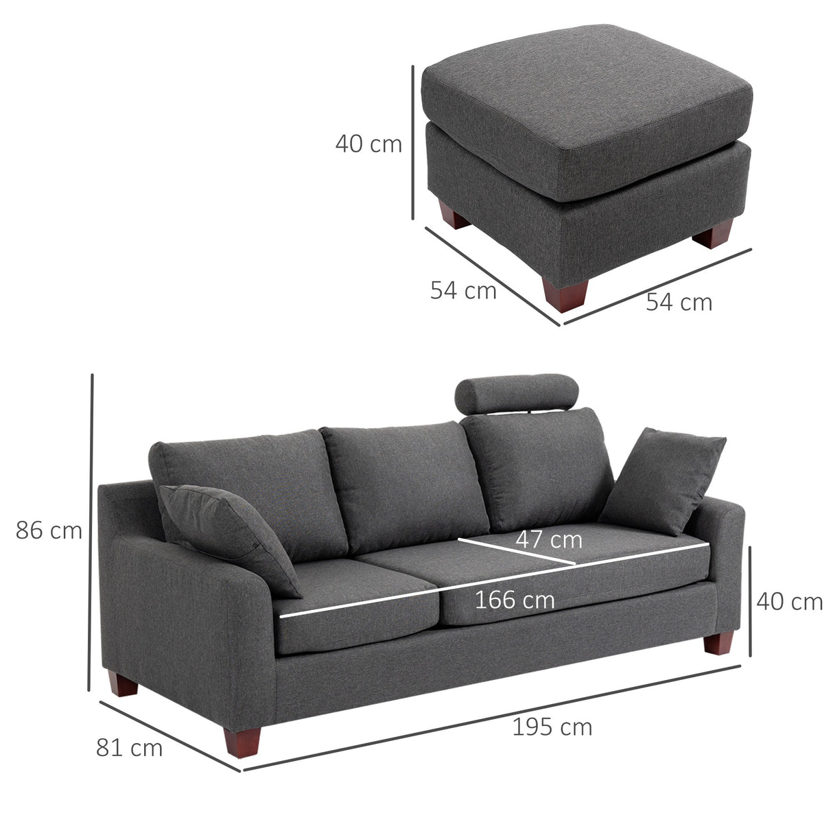 easycomfort easycomfort divano a 3 posti con poggiapiedi e cuscini in tessuto di lino grigio scuro 195 x 81 x 86cm ean 8055776915630