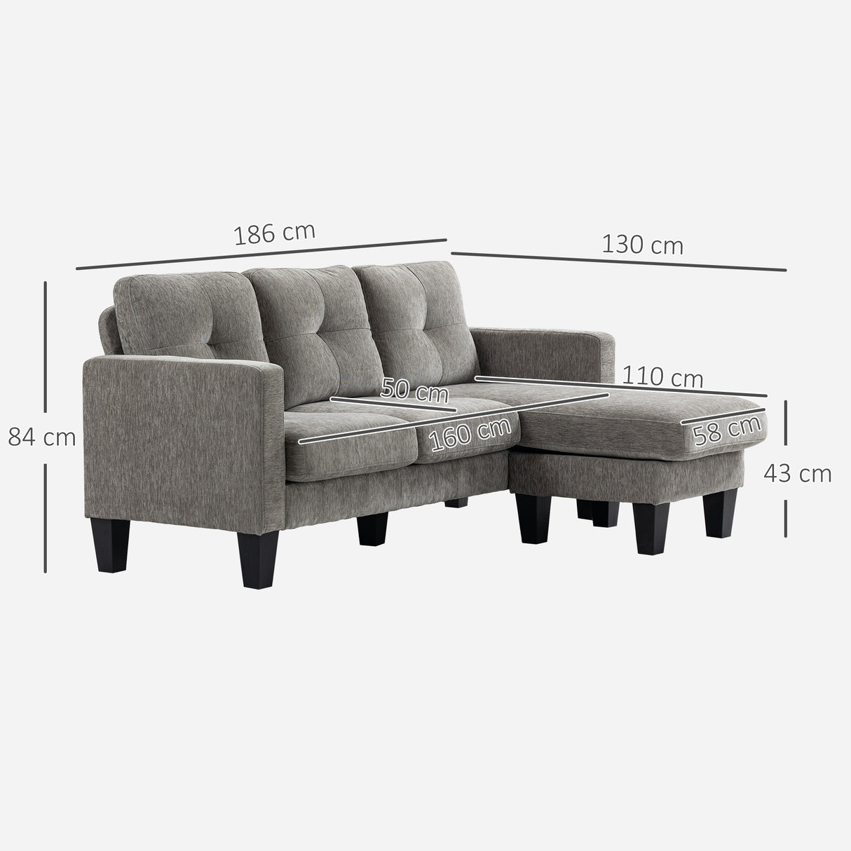 easycomfort easycomfort divano angolare 3 posti con cuscino per seduta e schienale in tessuto effetto ciniglia 186x130x84 cm tortora