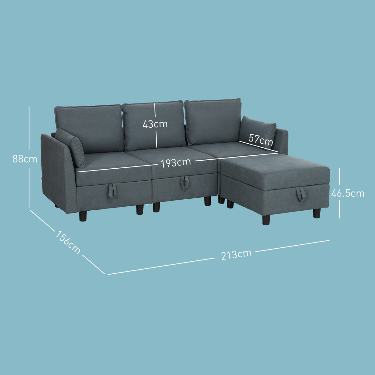 easycomfort easycomfort divano componibile modulare 3 posti con pouf poggiapiedi e cuscini rivestimento in flanella grigio scuro