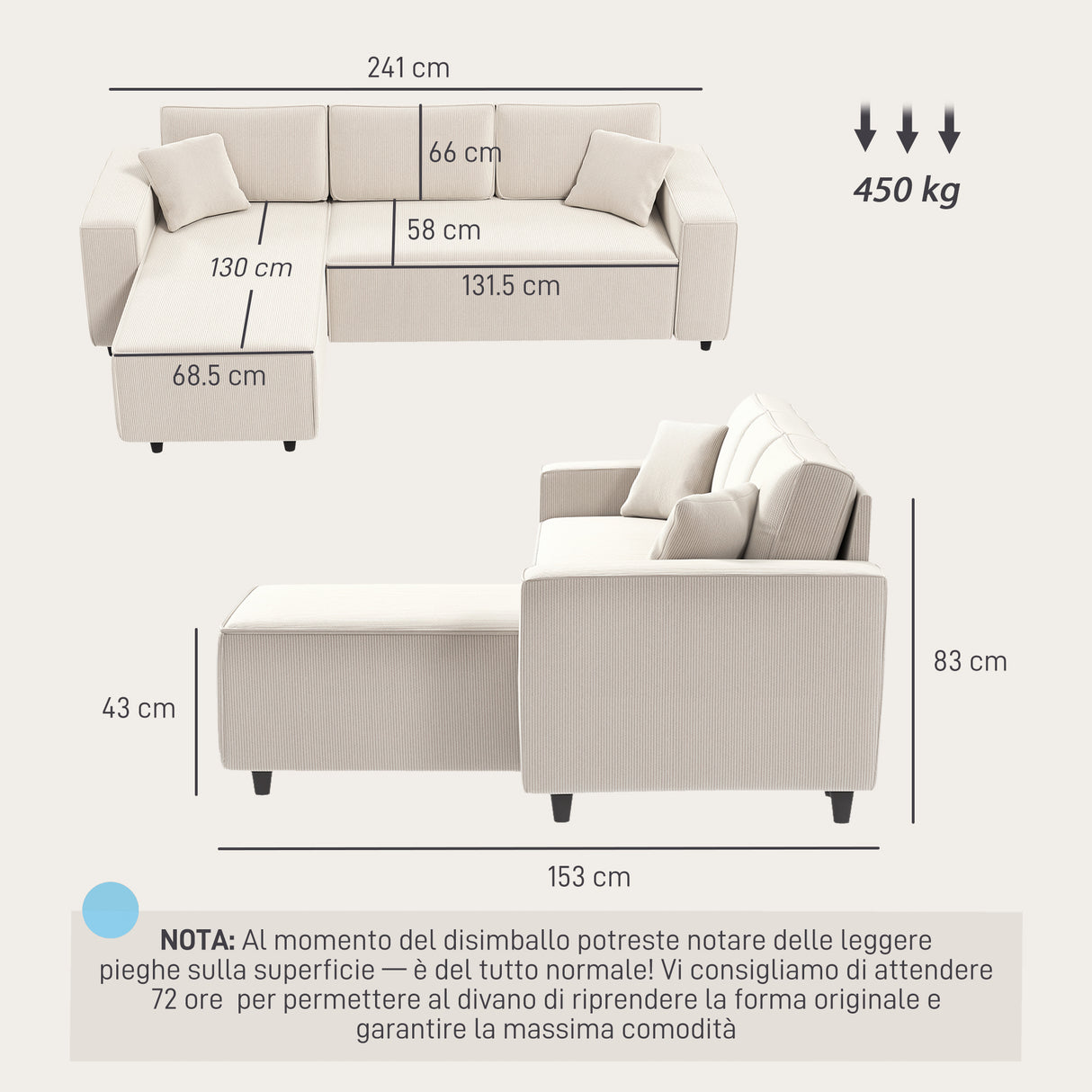 easycomfort easycomfort divano con penisola a 3 posti in tessuto effetto velluto schiuma e nylon 241x153x83 cm bianco crema