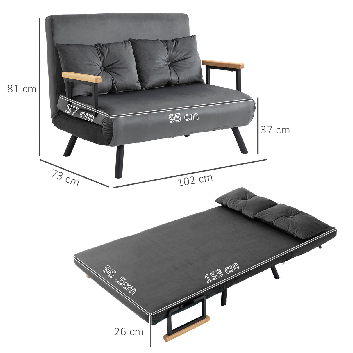 easycomfort easycomfort divano letto 3 in 1 in tessuto effetto velluto con schienale regolabile e 2 cuscini 102x73x81 cm grigio scuro