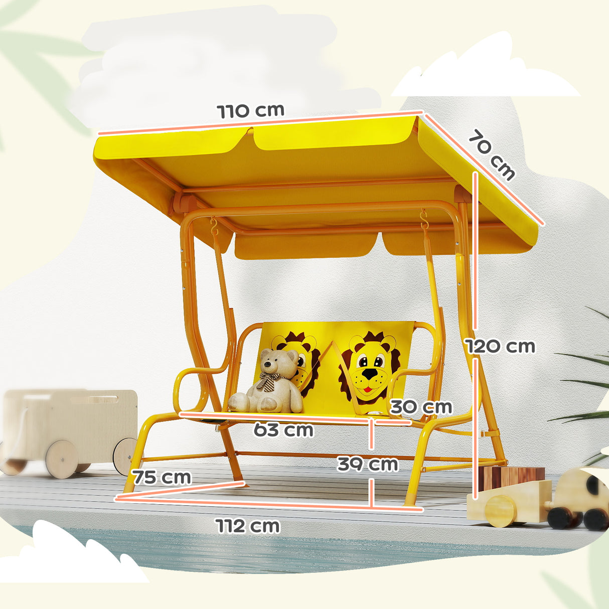 easycomfort easycomfort dondolo per bambini da esterno a 2 posti con tettuccio regolabile e cinture di sicurezza 112x75x120 cm giallo