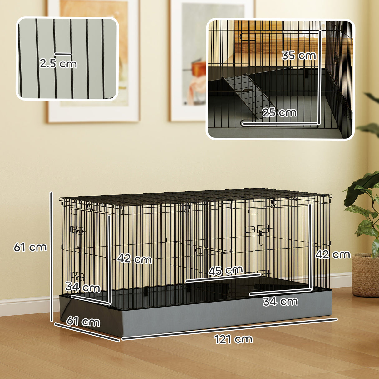 easycomfort easycomfort gabbia per animali piccoli 2 in 1 coperchio rimovibile e sezioni separate 121x61x61 cm nero