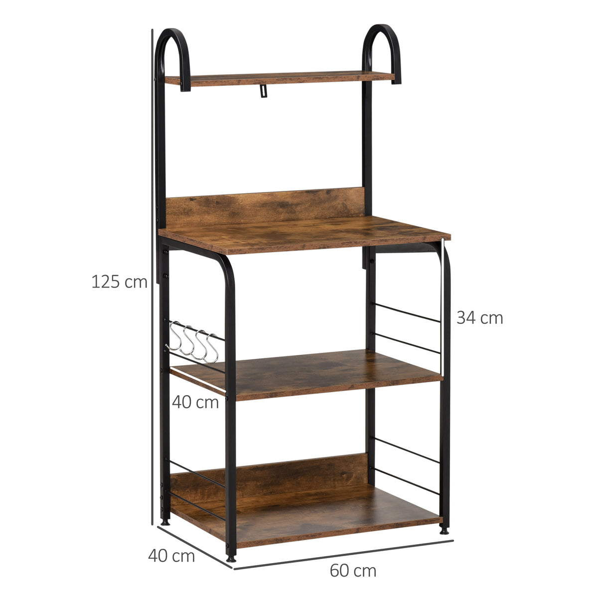 easycomfort easycomfort mobiletto per microonde a 4 ripiani e 4 ganci mobile cucina in acciaio e legno 60x40x125cm marrone rustico