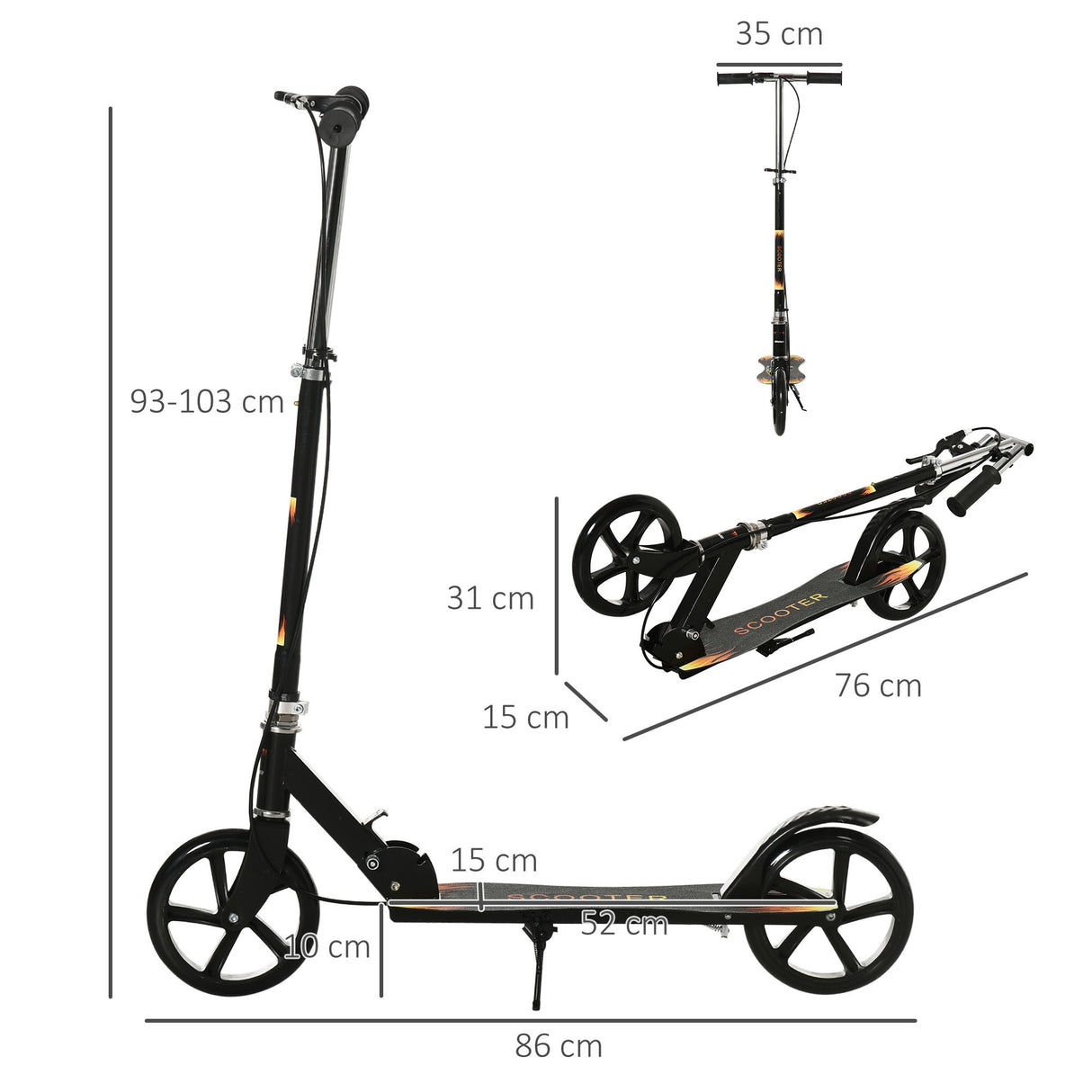 easycomfort easycomfort monopattino per bambini 7 14 anni con manubrio regolabile su 3 altezze 86x35x9398103 cm nero
