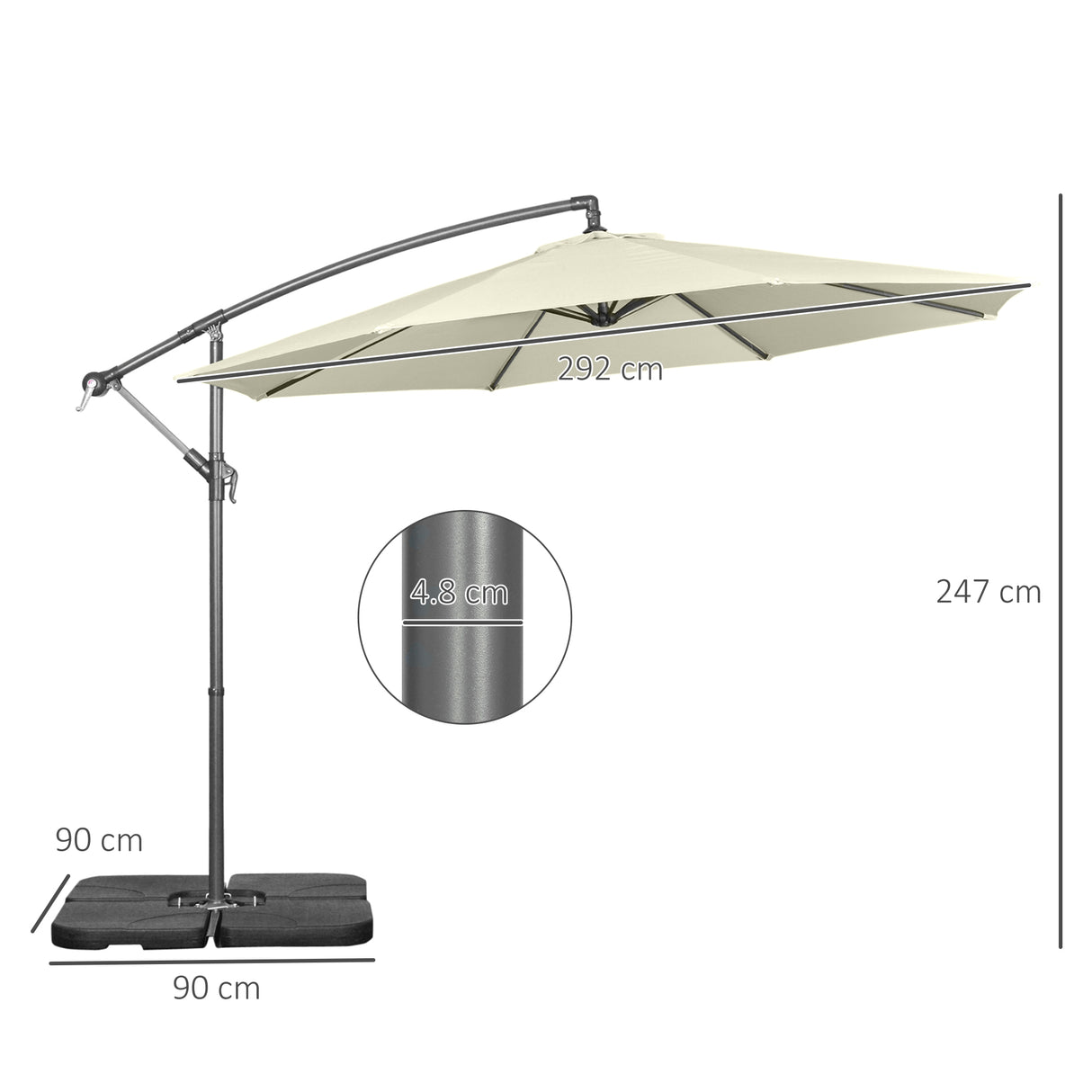 easycomfort easycomfort ombrellone decentrato a 6 stecche con manovella e base a croce in metallo e poliestere 292x247 cm beige