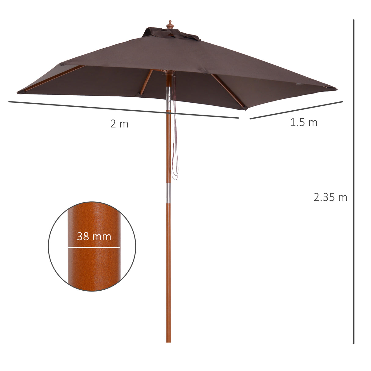 easycomfort easycomfort ombrellone rettangolare inclinabile 2x1 5 m con 6 stecche e apertura a corda in bambu e poliestere caffe