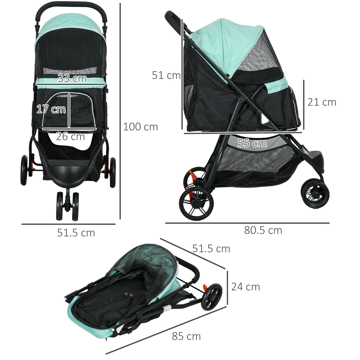 easycomfort easycomfort passeggino per cani piccoli pieghevole a 3 ruote con copertura antipioggia e cestino verde