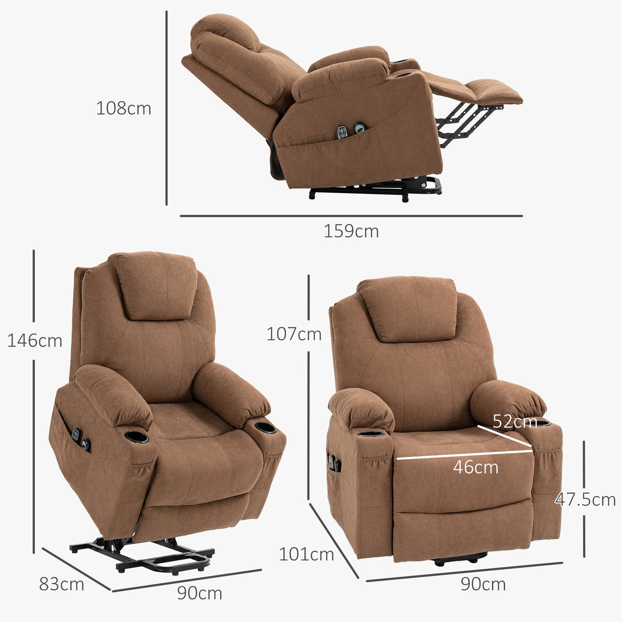 easycomfort easycomfort poltrona alzapersona massaggiante a 8 punti con telecomando in tessuto effetto lino 90x101x107 cm caffe