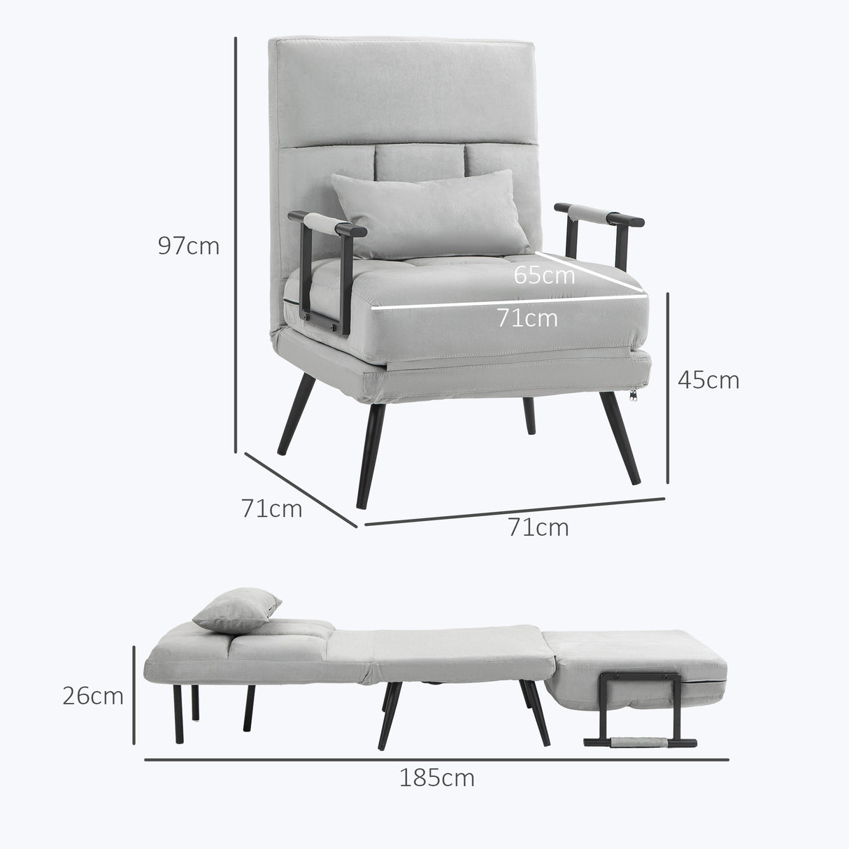 easycomfort easycomfort poltrona letto 3 in 1 con cuscino incluso in acciaio e poliestere 71x71x97 cm grigio chiaro