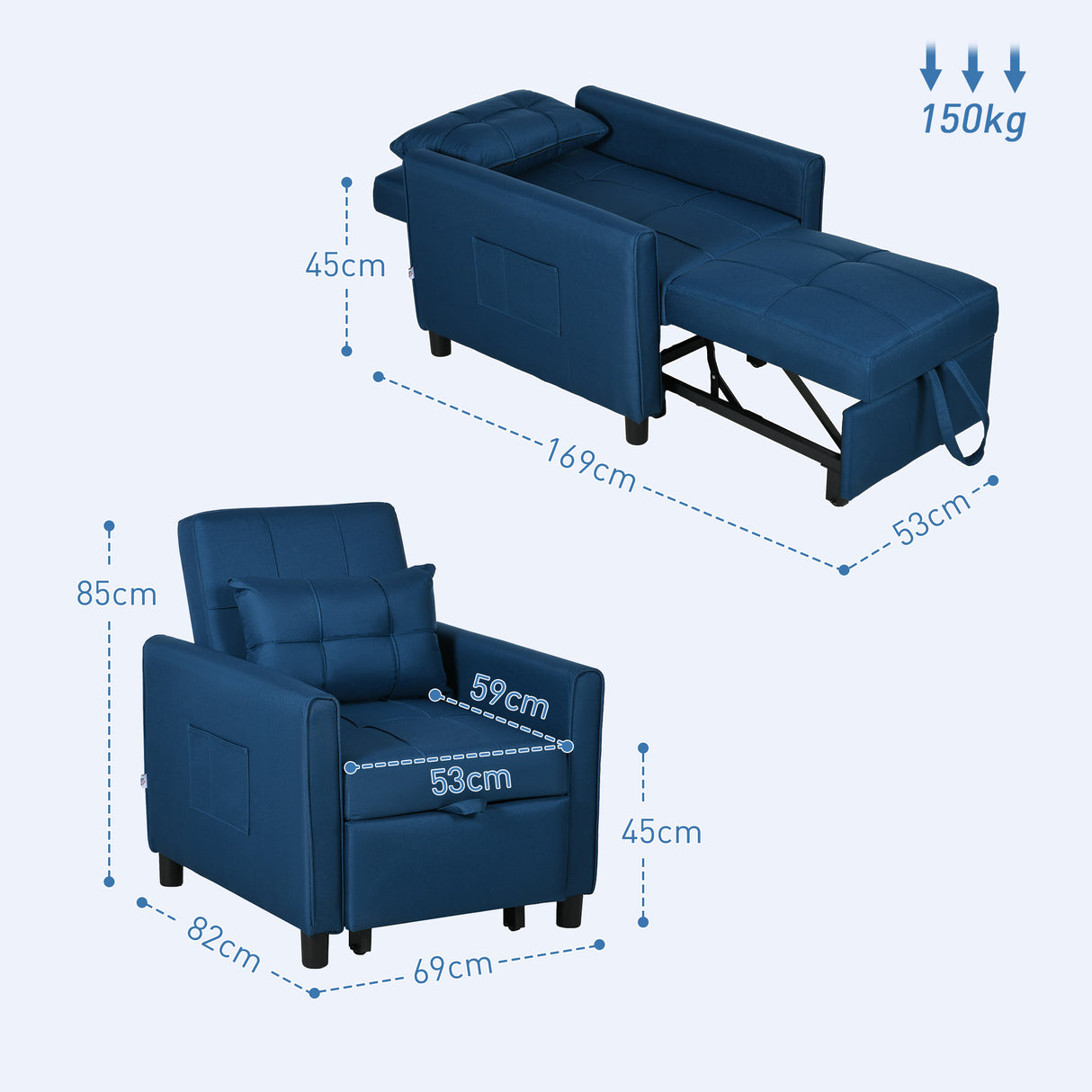 easycomfort easycomfort poltrona letto singola reclinabile su 3 livelli con cuscino e 2 tasche laterali 69x82x85cm blu