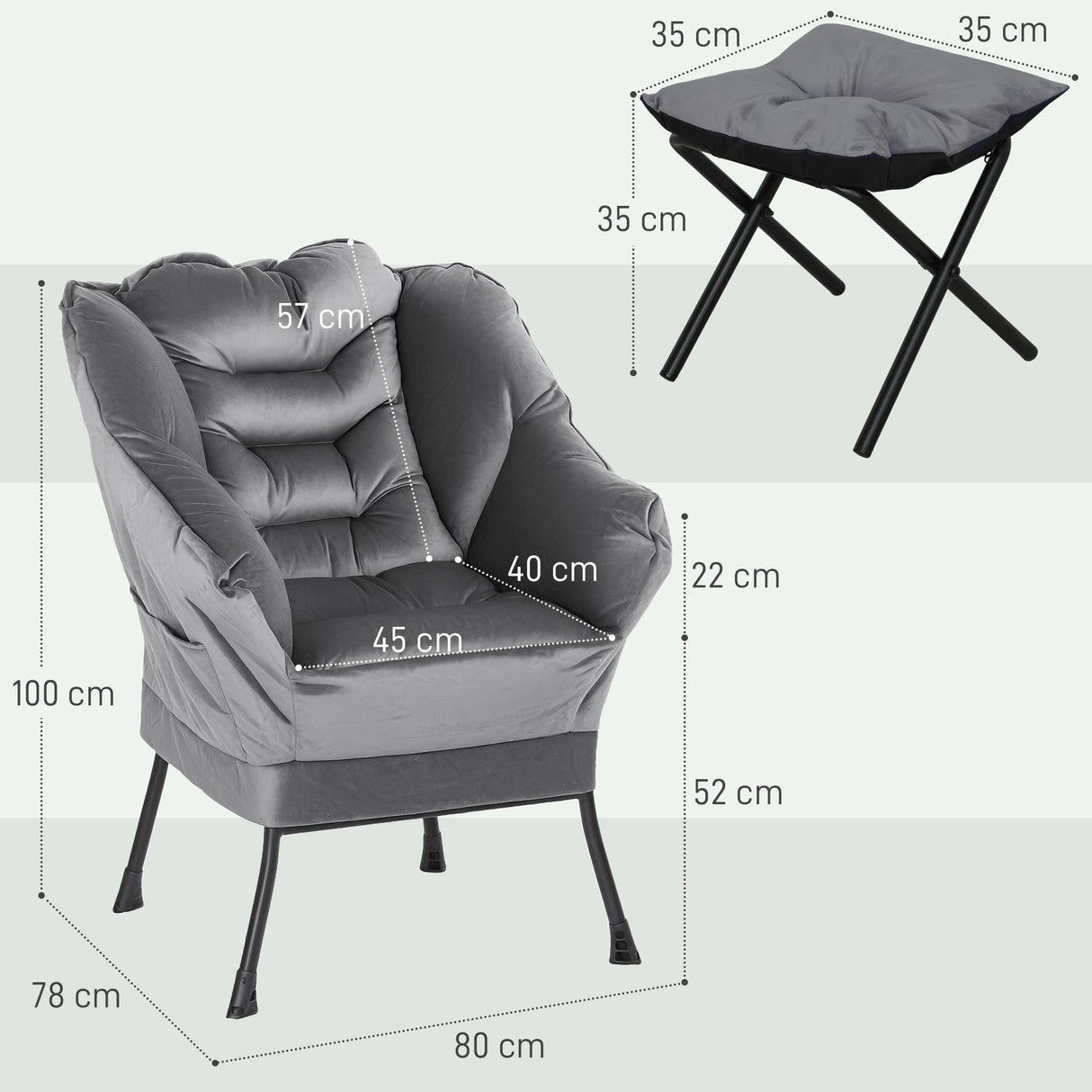 easycomfort easycomfort poltrona moderna con poggiapiedi e 2 tasche laterali in tessuto effetto velluto e acciaio 80x78x100 cm grigio