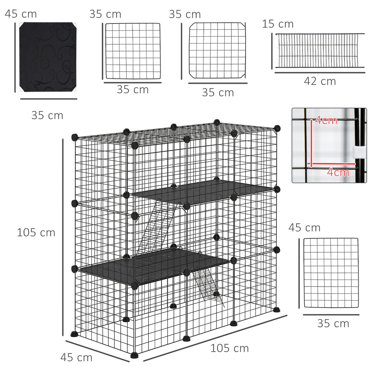 easycomfort easycomfort recinto per animali modulabile con 31 pannelli 2 porte e 2 rampe in acciaio e pp 105x45x105 cm nero