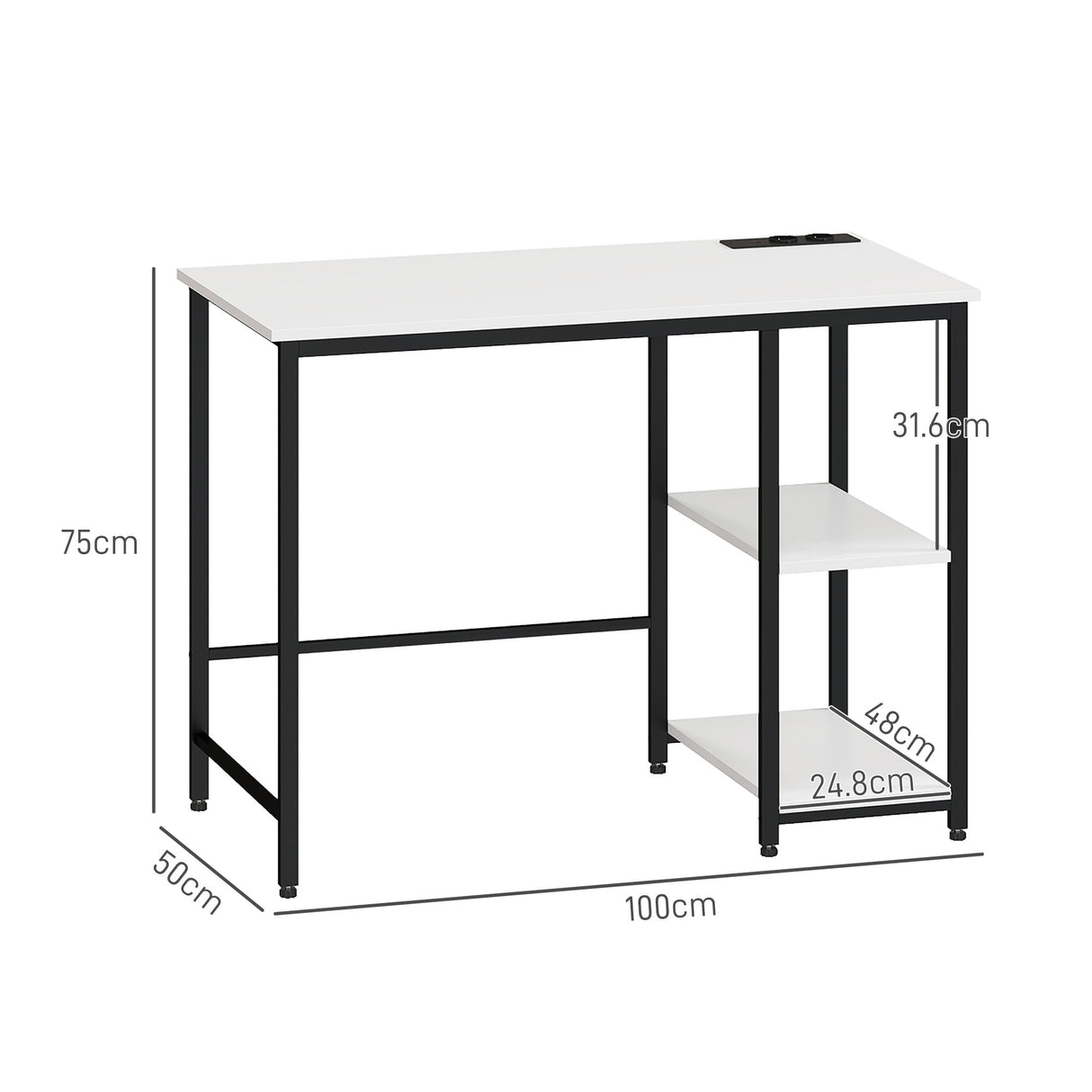easycomfort easycomfort scrivania con scaffale a 2 livelli e prese di ricarica in legno e metallo 100x50x75 cm bianca e nera