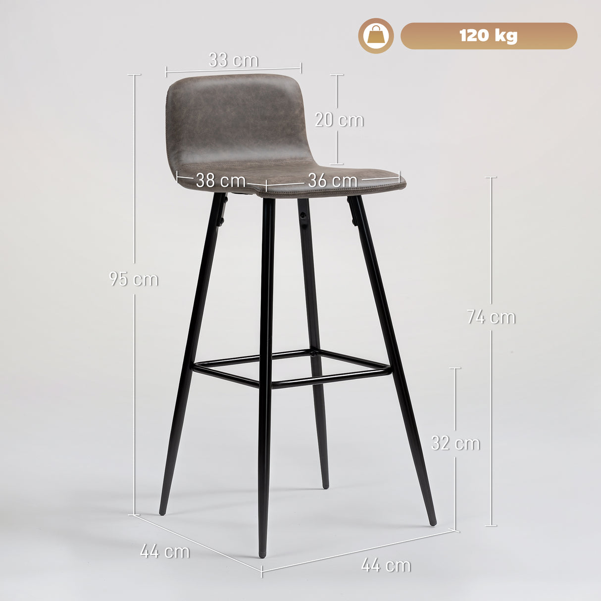 easycomfort easycomfort set 2 sgabelli bar con schienale basso e poggiapiedi rivestimento in pu e gambe in acciaio marrone scuro