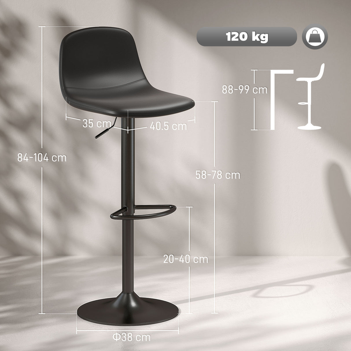 easycomfort easycomfort set 2 sgabelli da bar con schienale e poggiapiedi altezza regolabile pelle pu e imbottitura nero