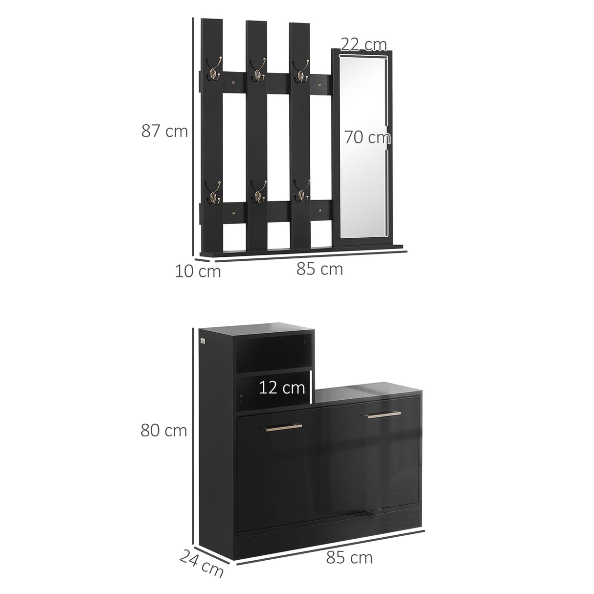 easycomfort easycomfort set appendi abiti da ingresso con specchio e scarpiera per 8 paia di scarpe nero lucido