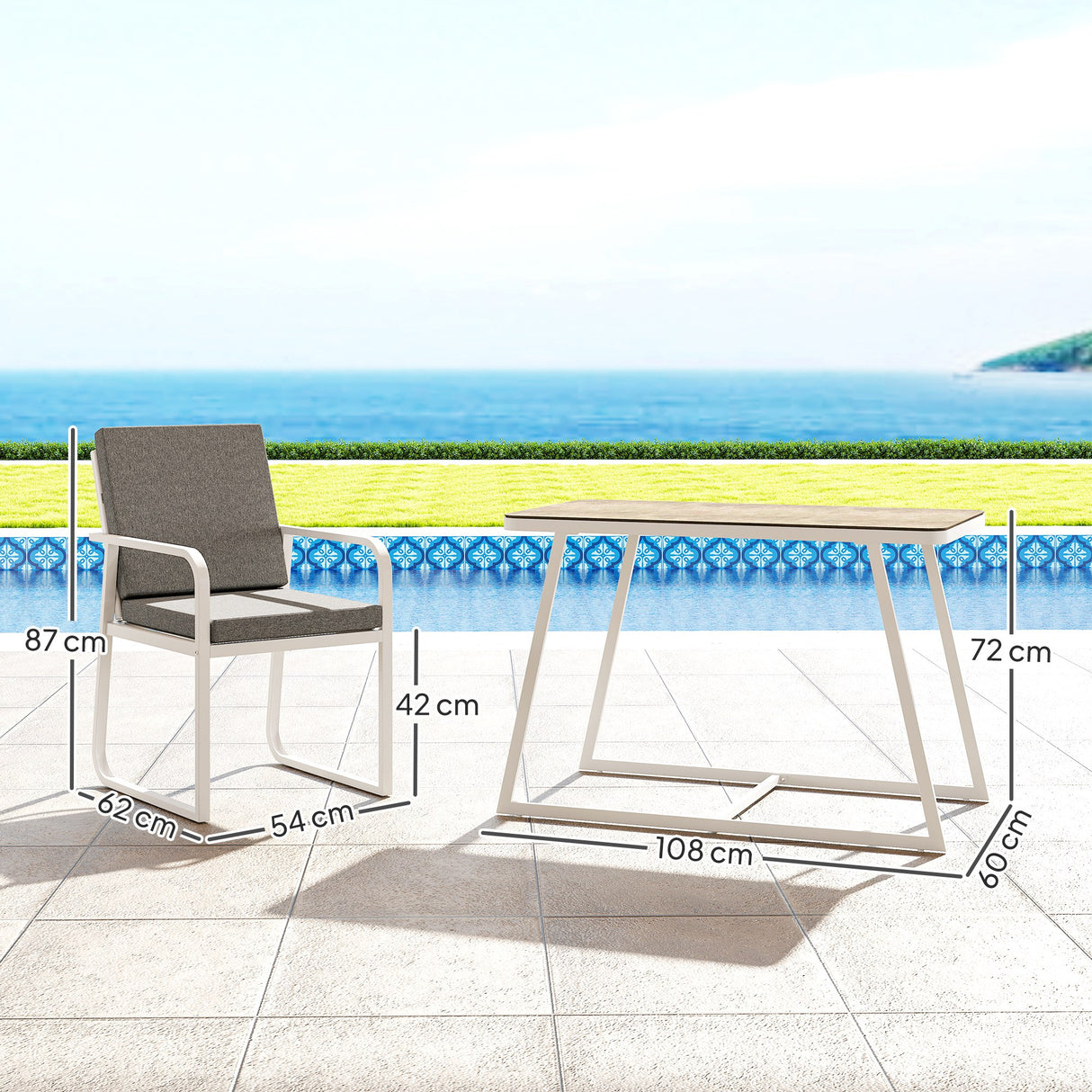 easycomfort easycomfort set da esterno 3 pezzi con 2 sedie con braccioli e cuscini e tavolo con piano in vetro bianco