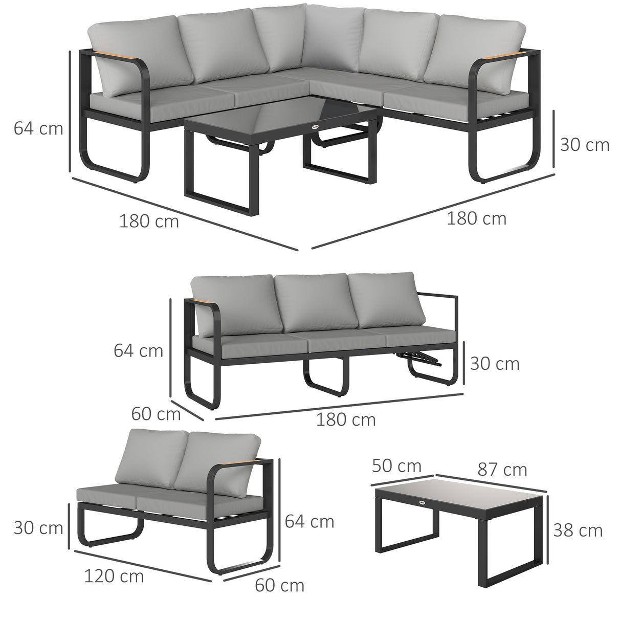 easycomfort easycomfort set da esterno 3 pezzi con divano 3 posti convertibile divano 2 posti e tavolino da esterno grigio e nero