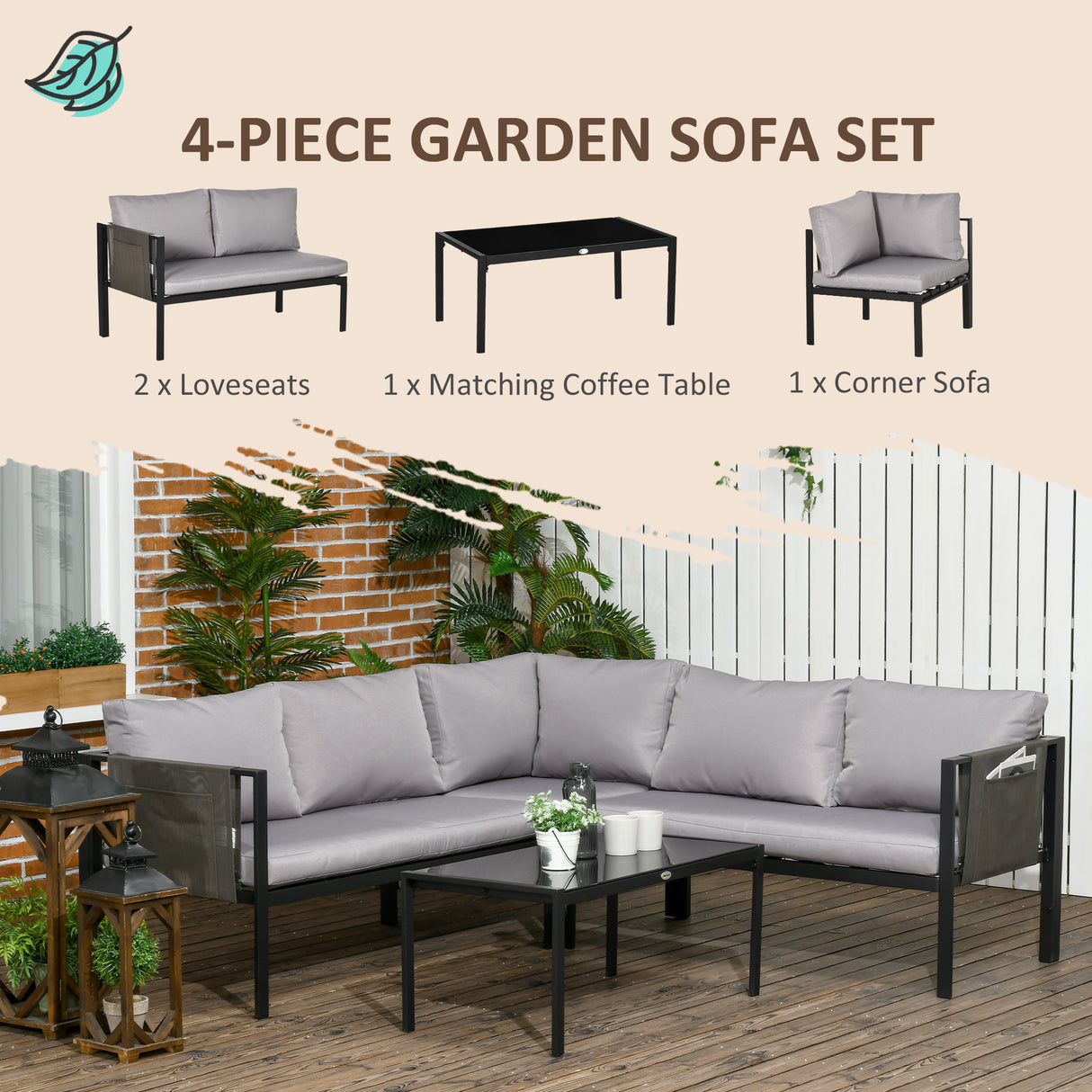 easycomfort easycomfort set da giardino 4 pezzi con 2 divanetti poltrona angolare e tavolino da caffe in vetro temperato