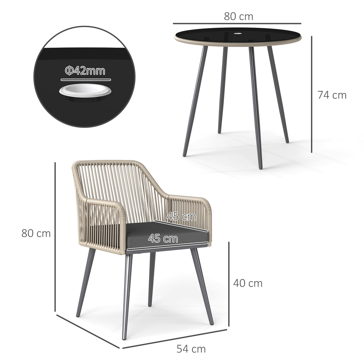 easycomfort easycomfort set da giardino 5 pezzi in rattan e acciaio con 4 sedie da esterno e tavolo rotondo con foro marrone e grigio