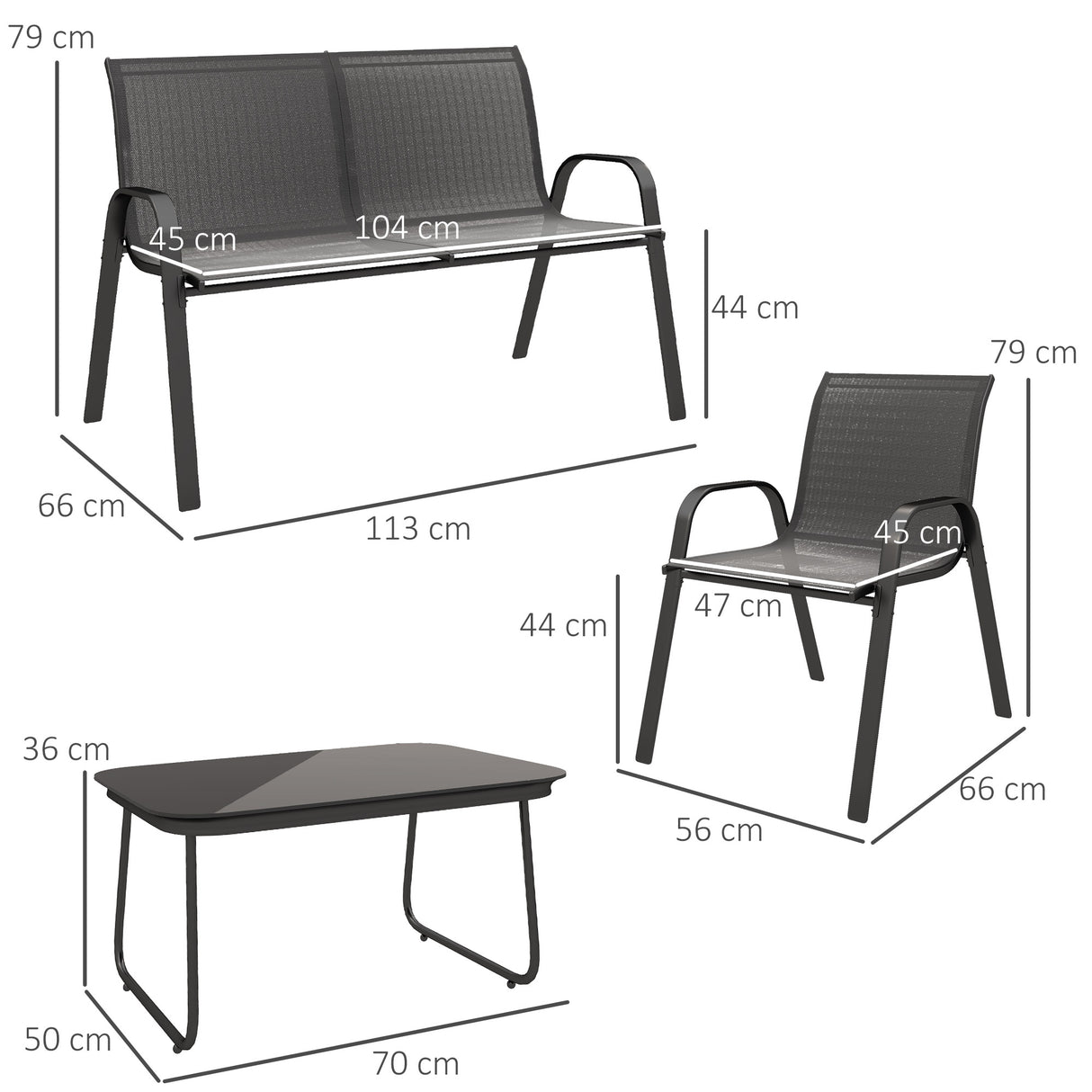 easycomfort easycomfort set da giardino con divano 2 posti 2 poltrone impilabili e tavolino in vetro nero
