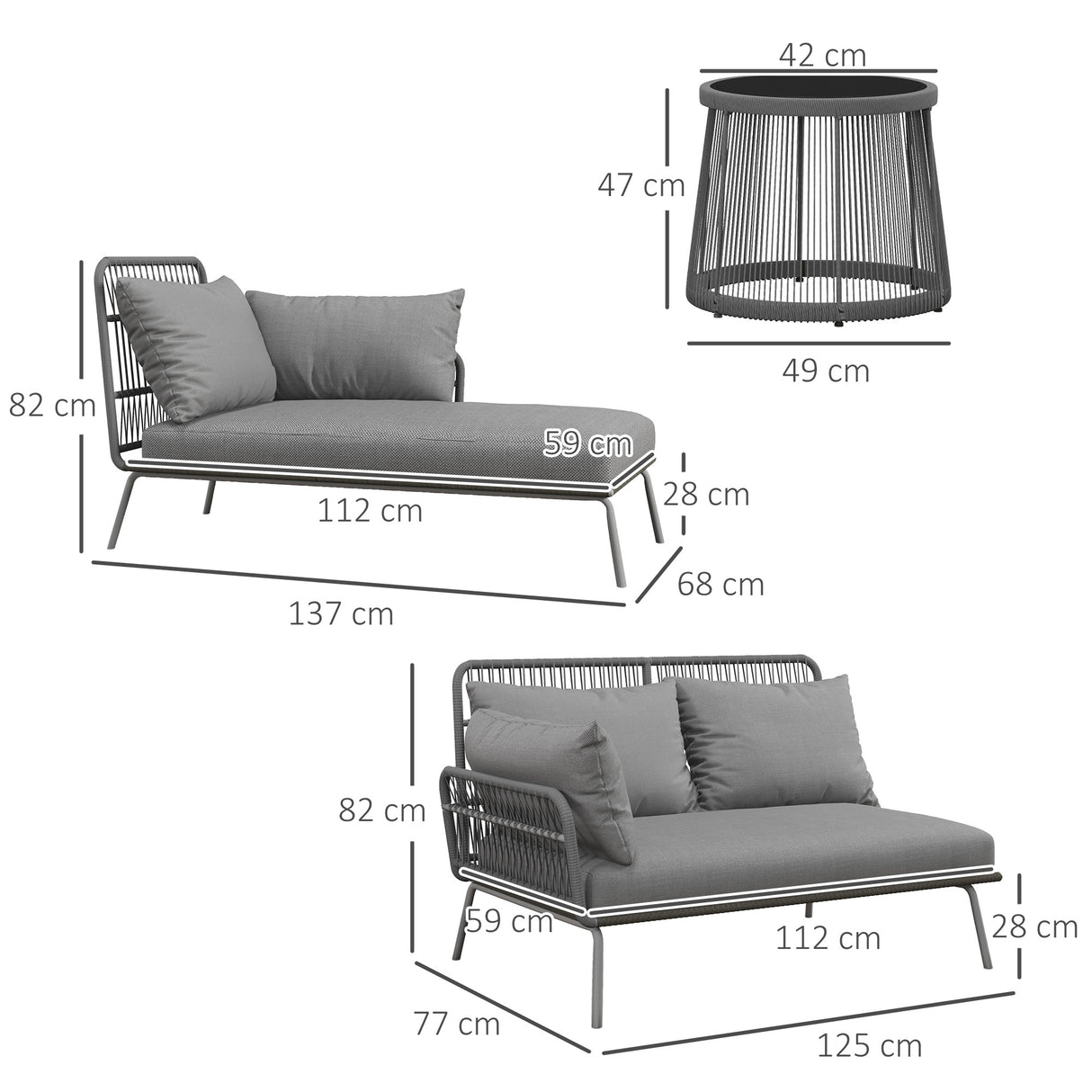 easycomfort easycomfort set da giardino in rattan pe stile boho divano 2 posti con chaise longue e tavolino grigio chiaro