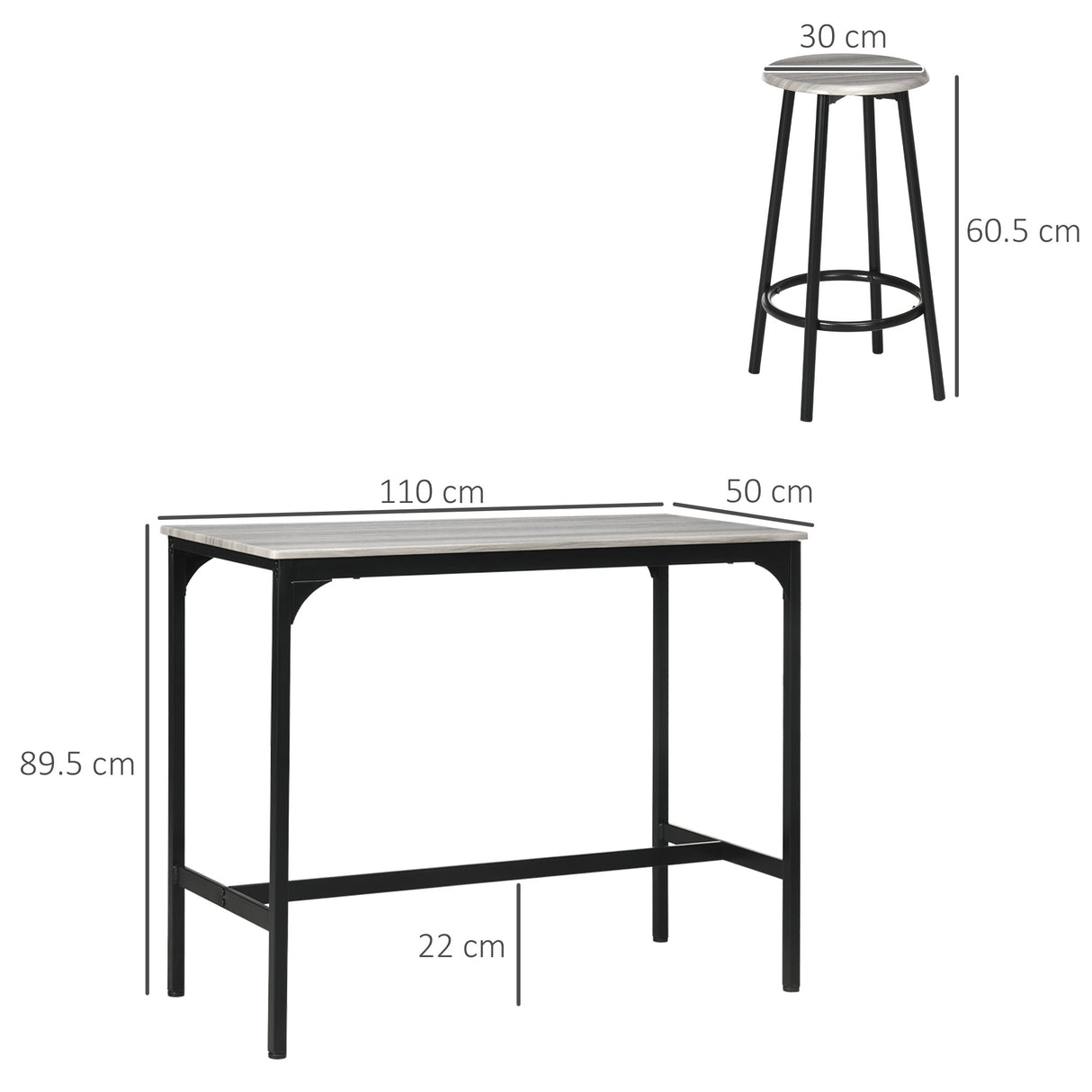 easycomfort easycomfort set da pranzo 5 pezzi con bancone da bar 110x50x89 5 cm e sgabelli 30x60 5 cm in legno e metallo grigio e nero