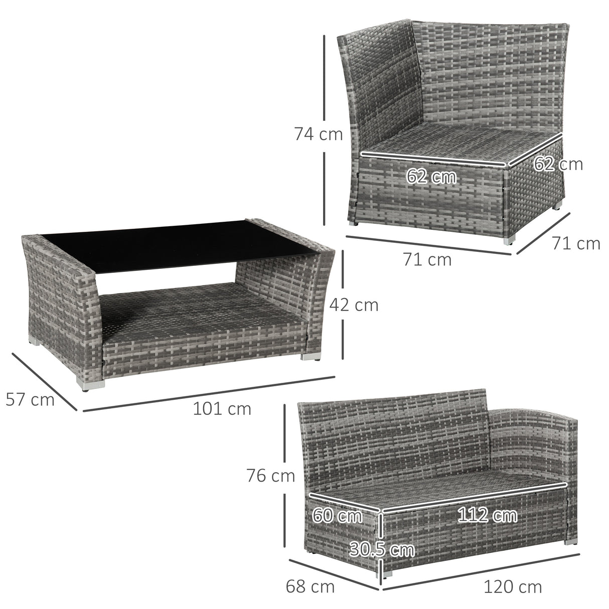 easycomfort easycomfort set mobili da giardino in rattan pe da 4 pezzi salotto con divano angolare e tavolino con vetro cuscini imbottiti e sfoderabili grigio