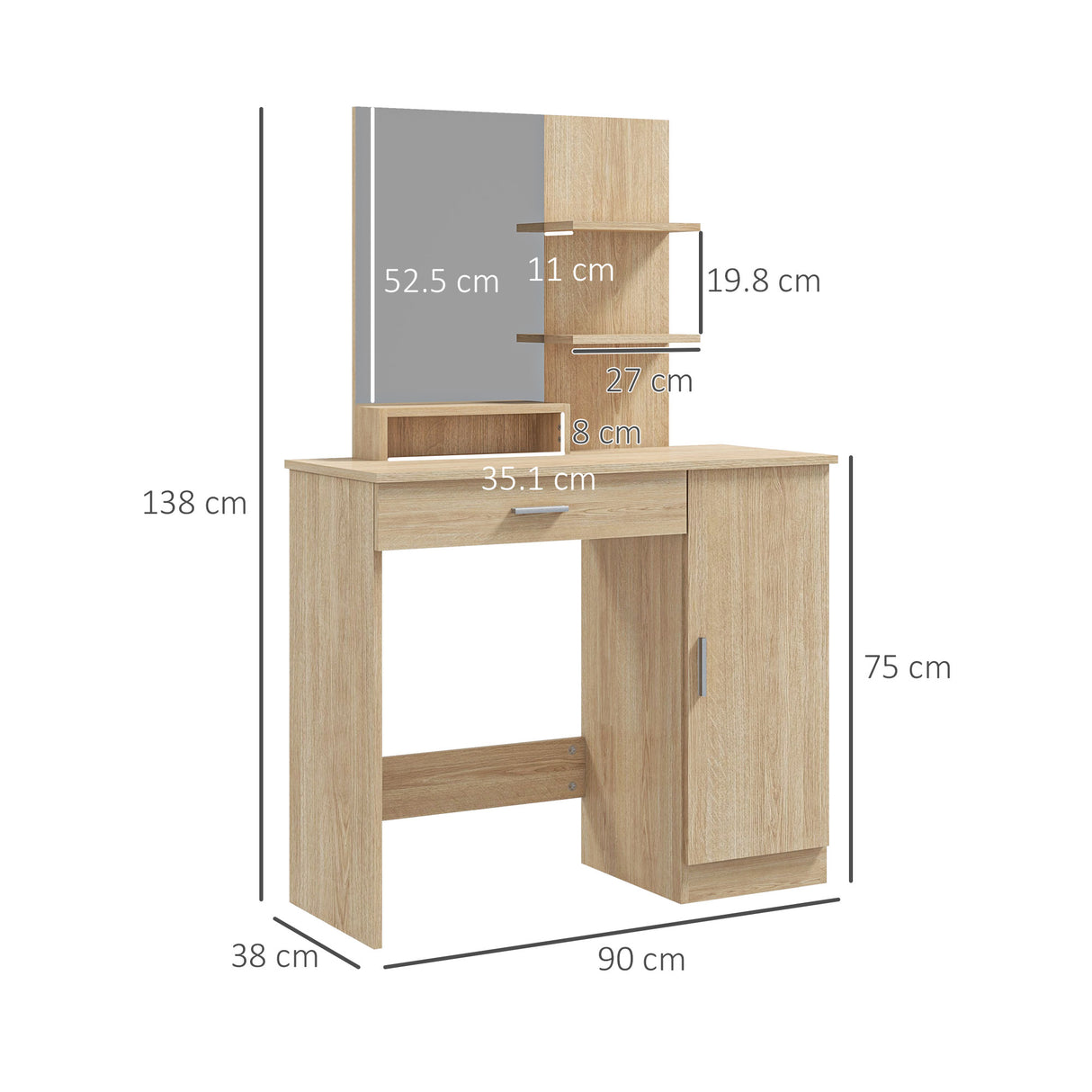 easycomfort easycomfort tavolo per trucco in truciolato con mobiletto cassetto ripiani aperti e specchio 90x38x138 cm