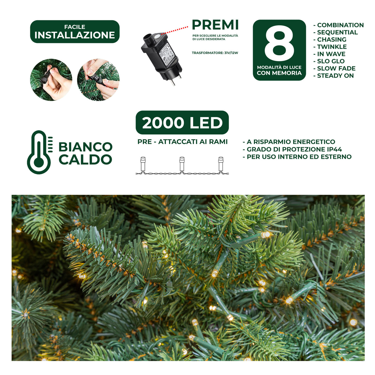 le stelle albero di natale artificiale verde h 180cm x l 120cm super folto con 2000 luci led incorporate e base a croce in metallo
