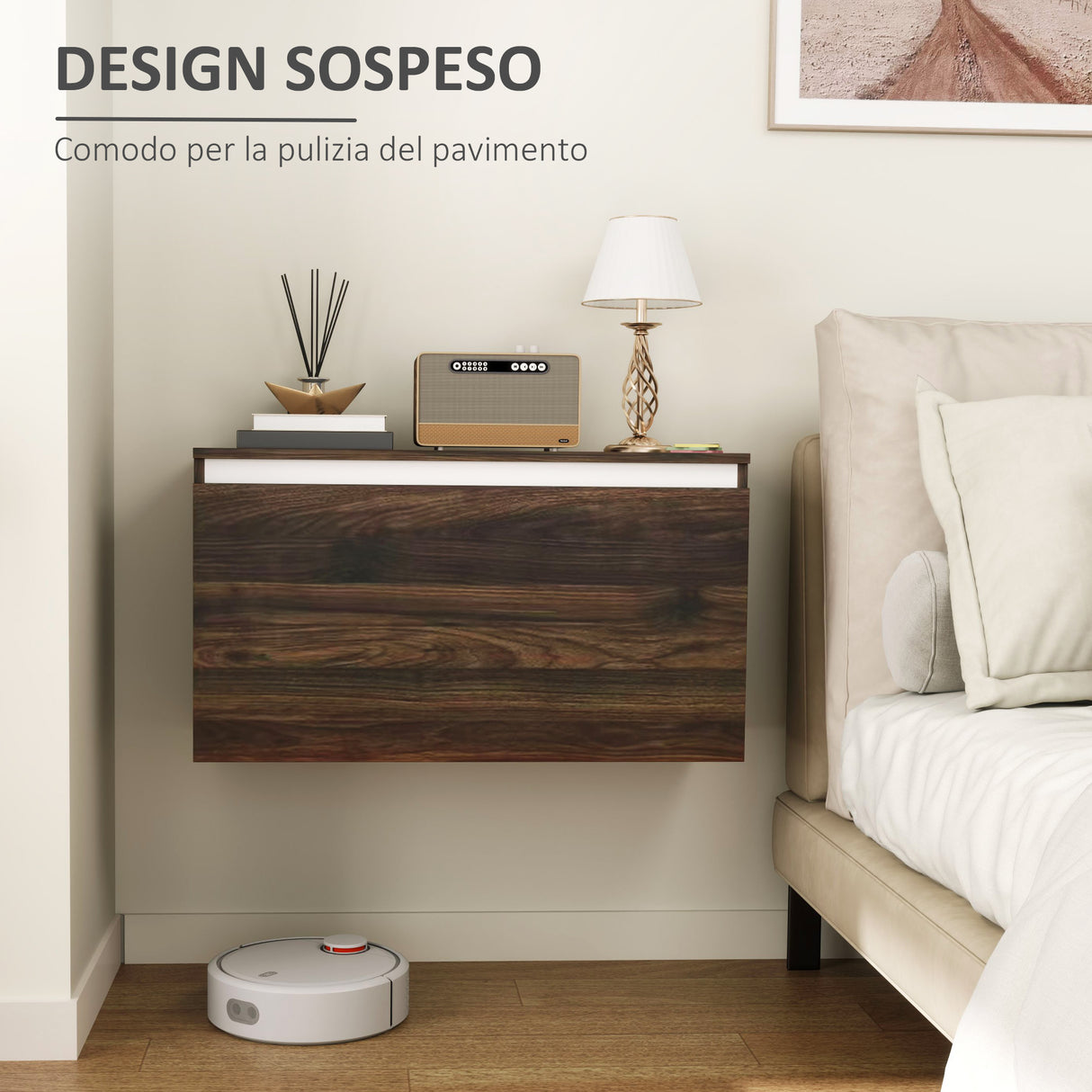 easycomfort easycomfort comodino sospeso con cassetto senza maniglie e con fissaggio a parete 80x30x45cm noce