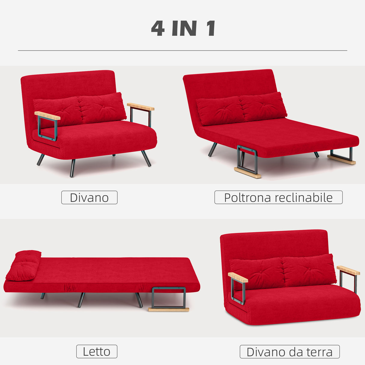 easycomfort easycomfort divano letto in tessuto effetto velluto con schienale regolabile e 2 cuscini 102x73x81 cm rosso