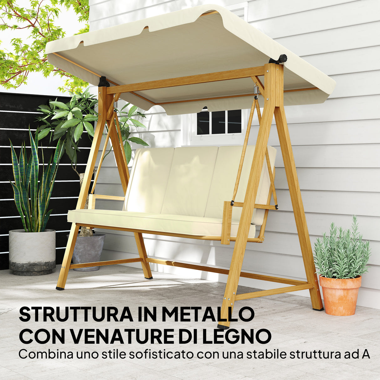 easycomfort easycomfort dondolo da giardino 3 posti con tettuccio regolabile e cuscini 195x120x170 cm beige