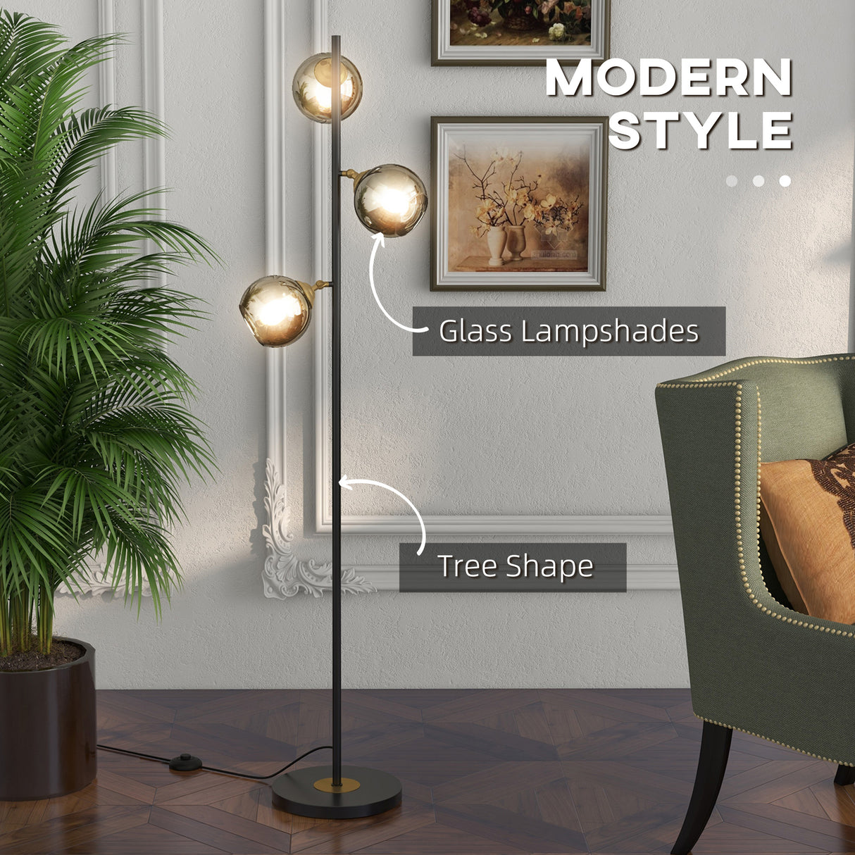 easycomfort easycomfort lampada da terra in metallo ad albero con 3 paralumi in vetro 36x162 cm nero e grigio