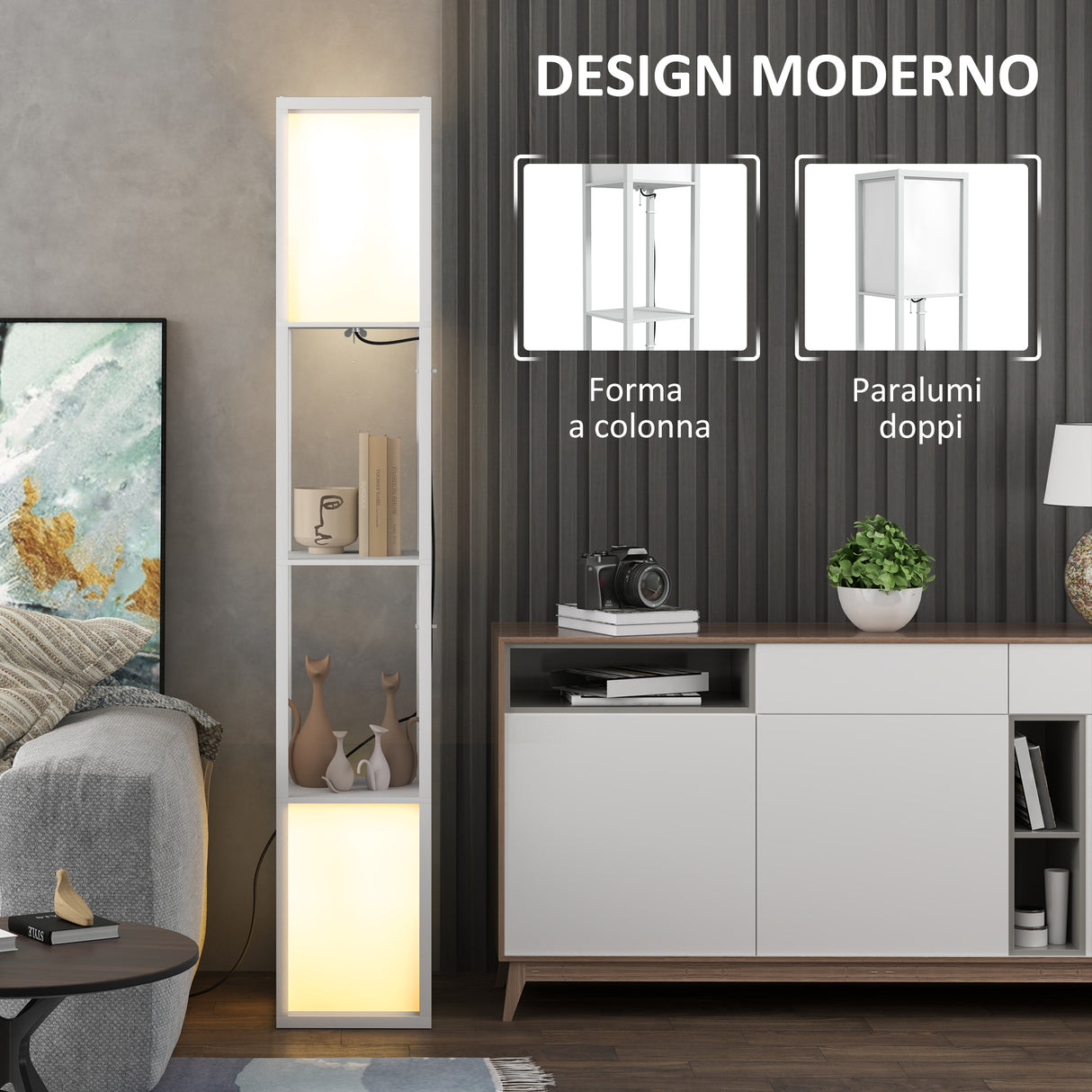 easycomfort easycomfort lampada da terra moderna con 2 paralumi e 2 ripiani per lampadine e27 max 40w 26x26x156 cm bianco