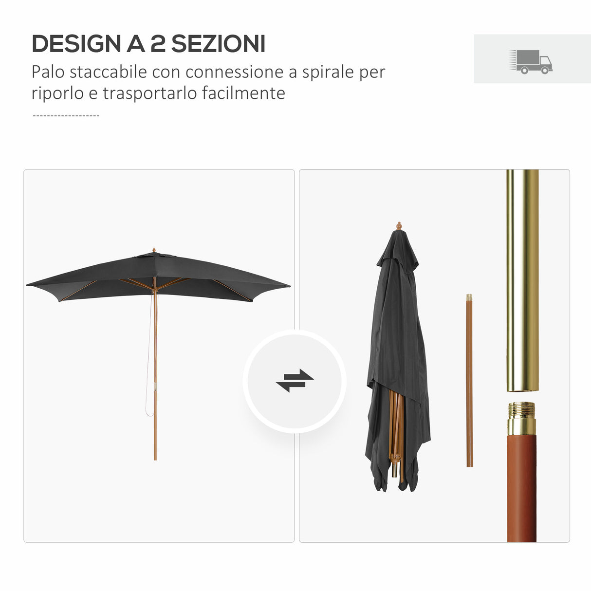 easycomfort easycomfort ombrellone da giardino 2x3m in legno e bambu con 8 stecche e copertura in poliestere grigio scuro