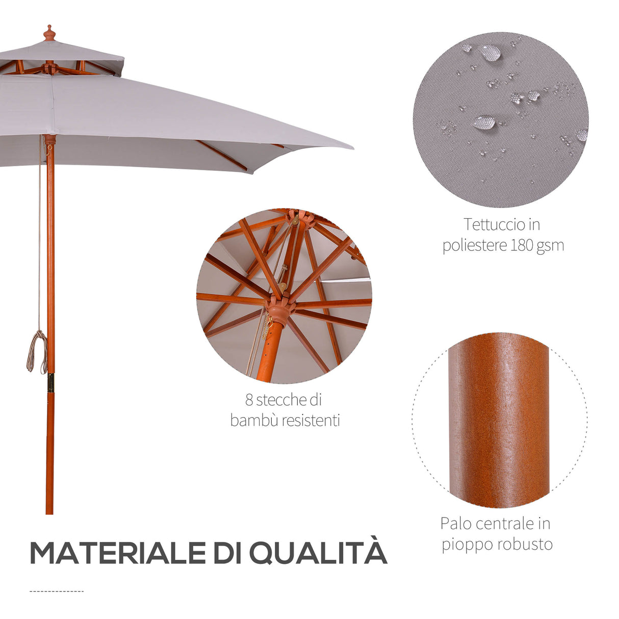 easycomfort easycomfort ombrellone da giardino 3x3m con 8 stecche in bambu e copertura parasole a 2 livelli grigio