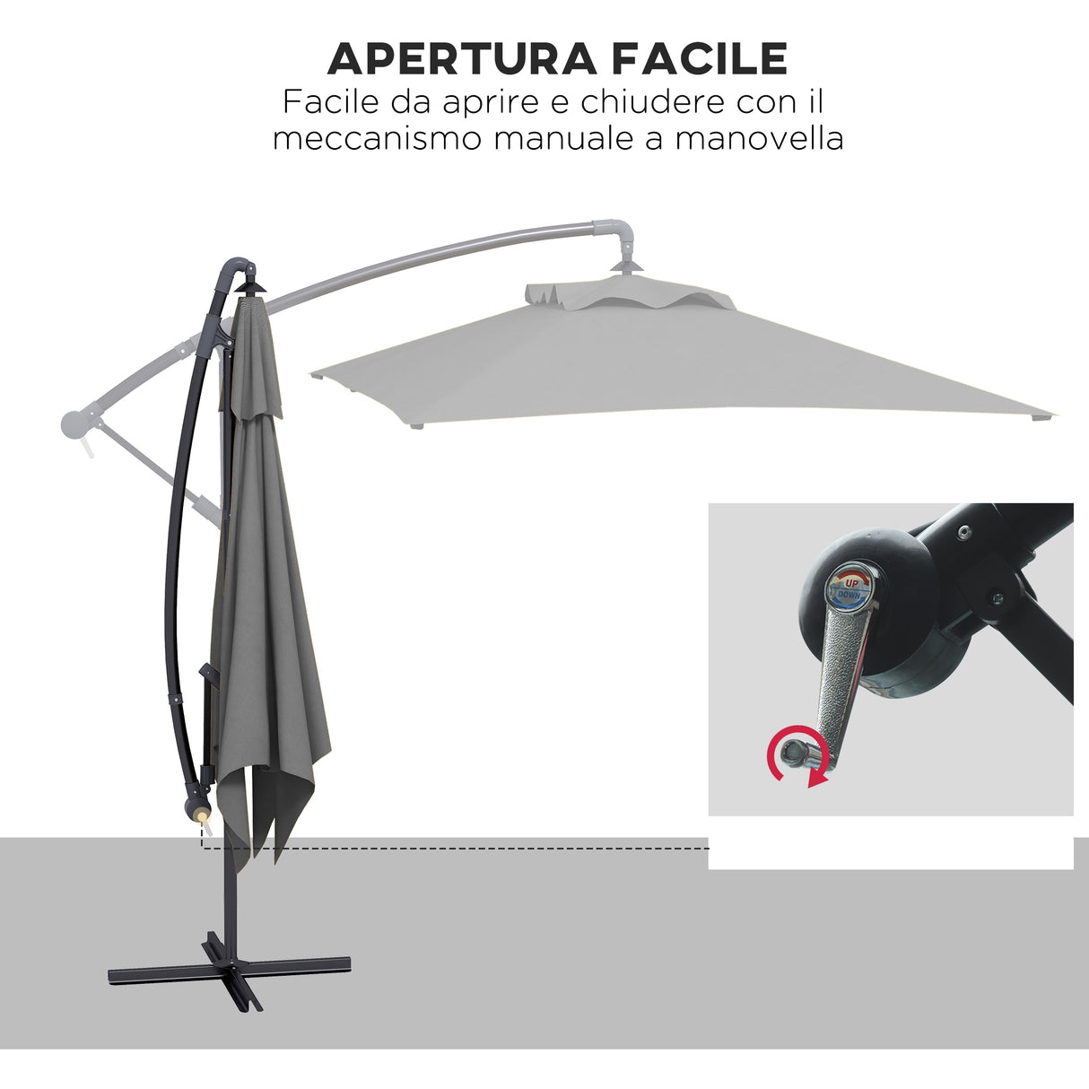 easycomfort easycomfort ombrellone da giardino decentrato con base a croce e apertura a manovella 294x193cm grigio