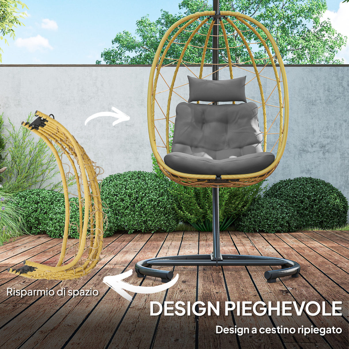 easycomfort easycomfort poltrona sospesa e pieghevole con cuscini in acciaio e rattan pe 102x102x195 cm nera grigia e beige