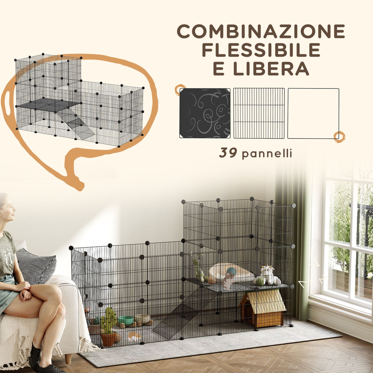 easycomfort easycomfort recinto per animali modulabile e multilivello con 39 pannelli in acciaio e pp 140x70x105 cm nero