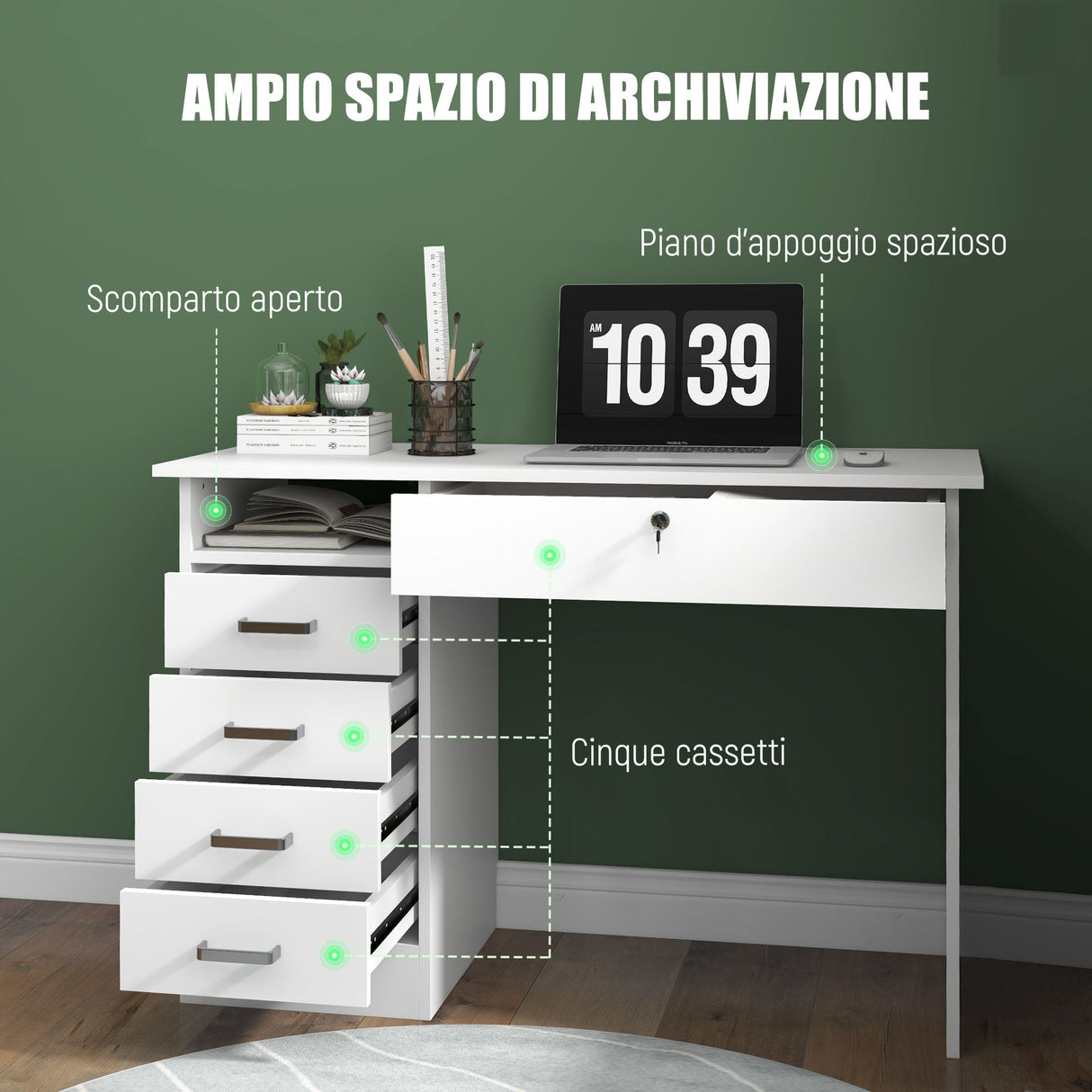 easycomfort easycomfort scrivania moderna con 5 cassetti e scomparto aperto con serratura e 2 chiavi 110x50x76cm bianco