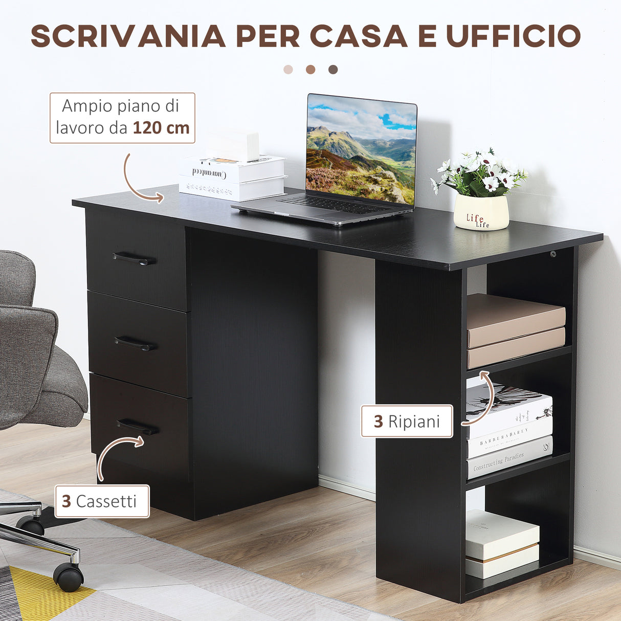 easycomfort easycomfort scrivania moderna in legno con 3 cassetti e 3 ripiani per camera e ufficio 120x49x72cm nero