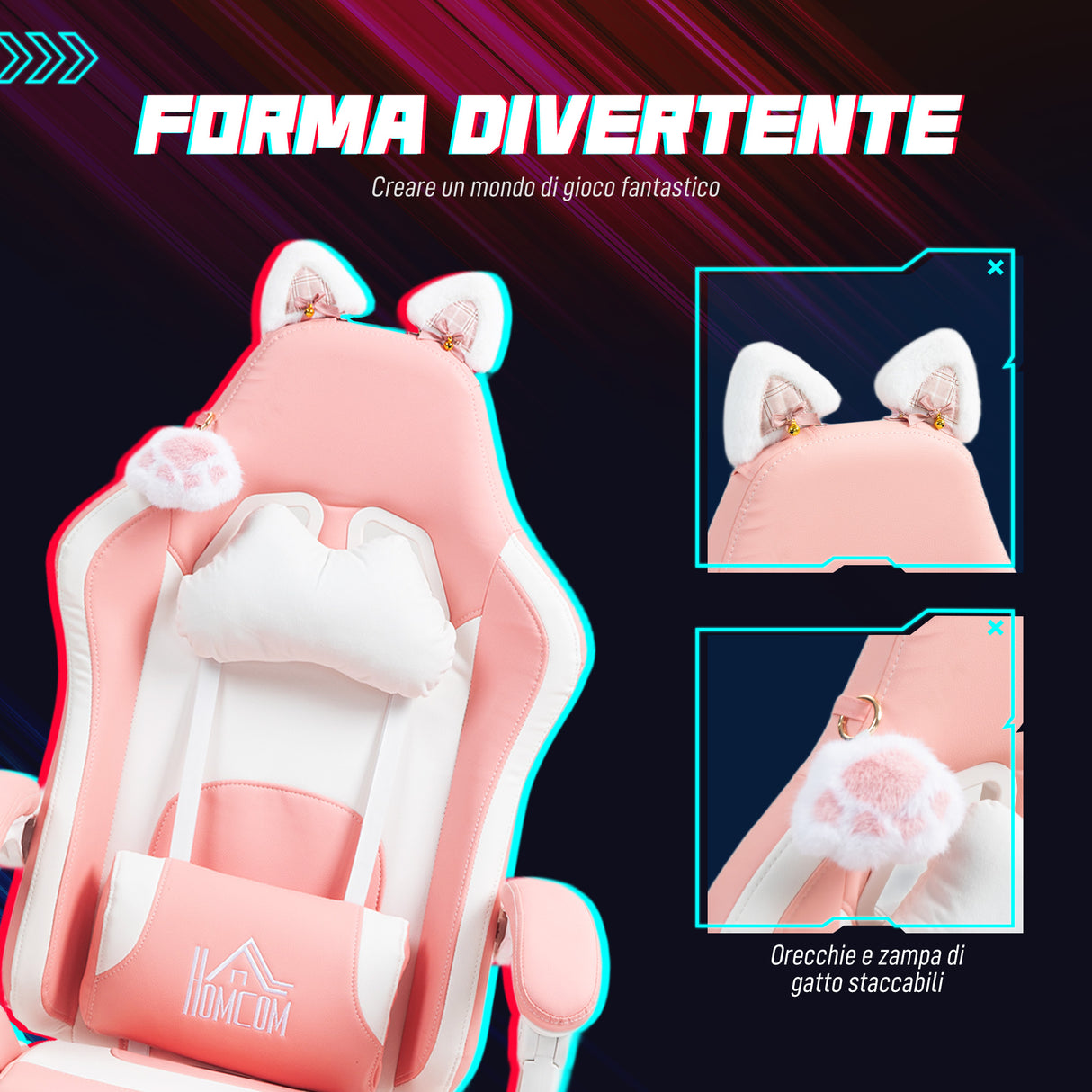 easycomfort easycomfort sedia da gaming ergonomica con orecchie da gatto poggiapiedi supporto lombare e cervicale rosa